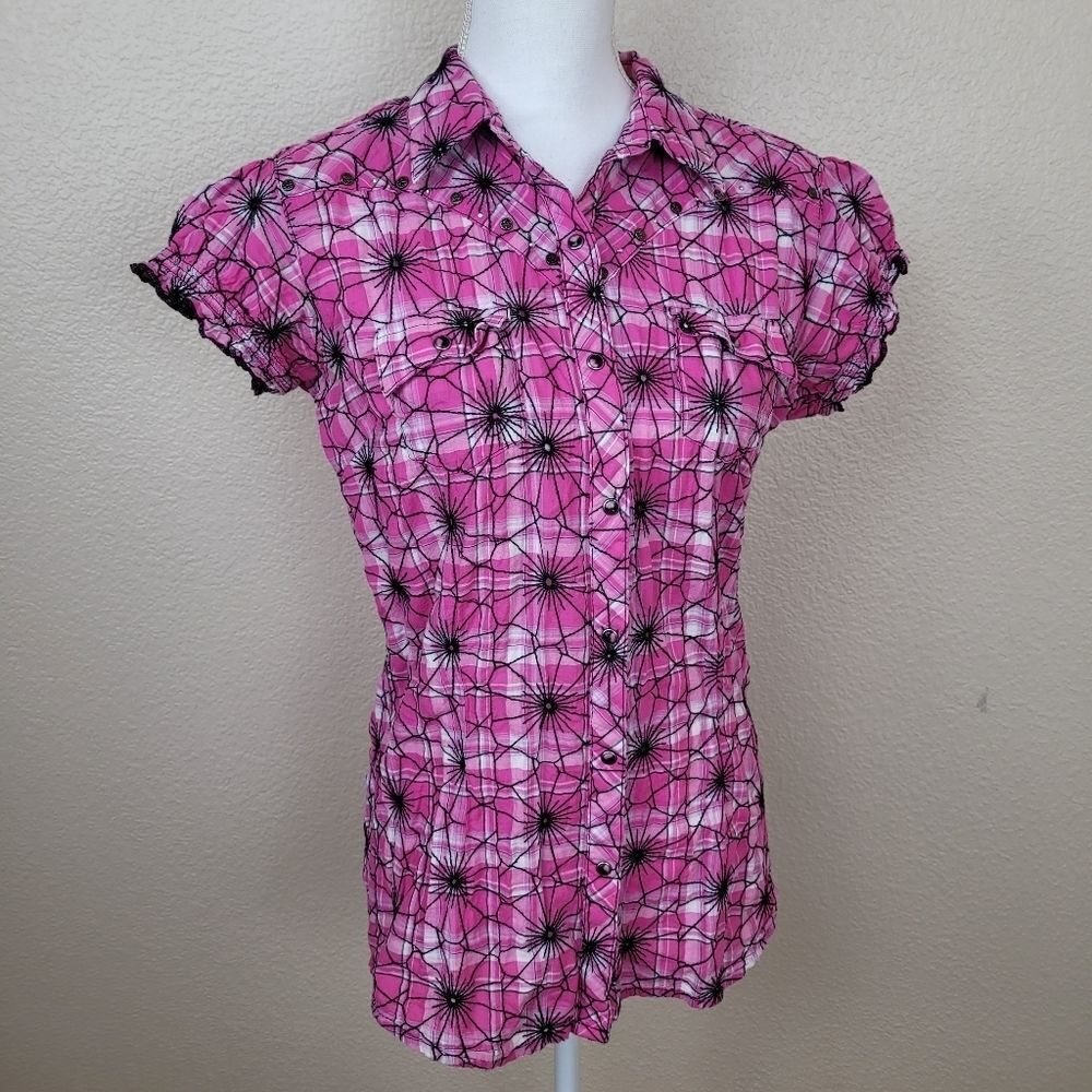 Rock47 Wrangler Pink Plaid Bling Embroidered SS Top Medium (6811)